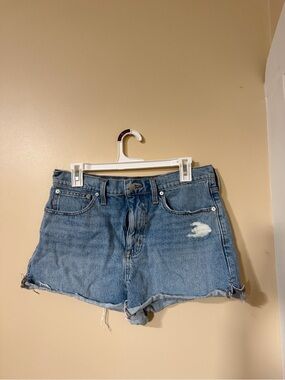 Classic High-Rise Distressed Denim Shorts - Light Blue